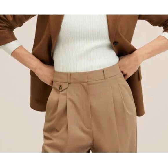 Mango high rise tan tapered straight leg trouser pants 4 - Picture 2 of 13